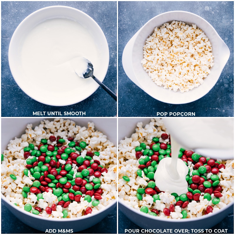 Process shots of Christmas Popcorn-- images of the white chocolate being combined with the popcorn and M&M's