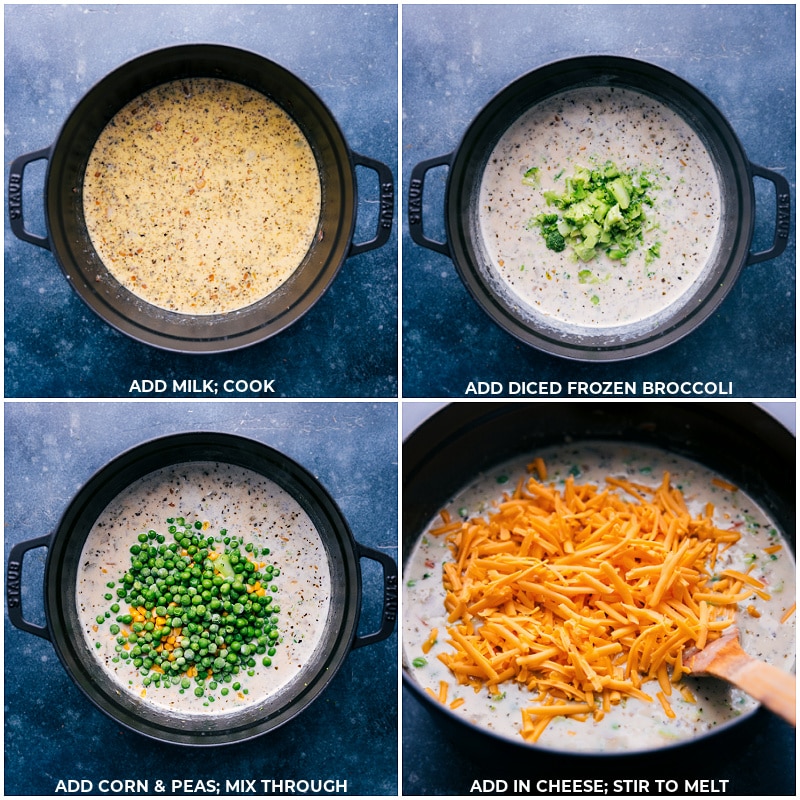 Process shots of Creamy Chicken Soup-- images of the broccoli, corn, peas, and cheese being added into the pot