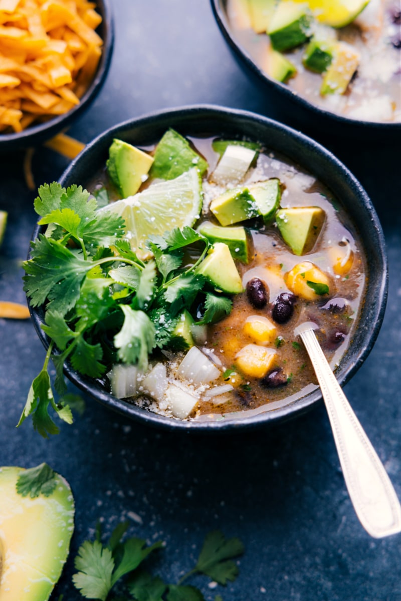 Overhead image of the Chicken Pozole in a bowl ready to be enjoyed