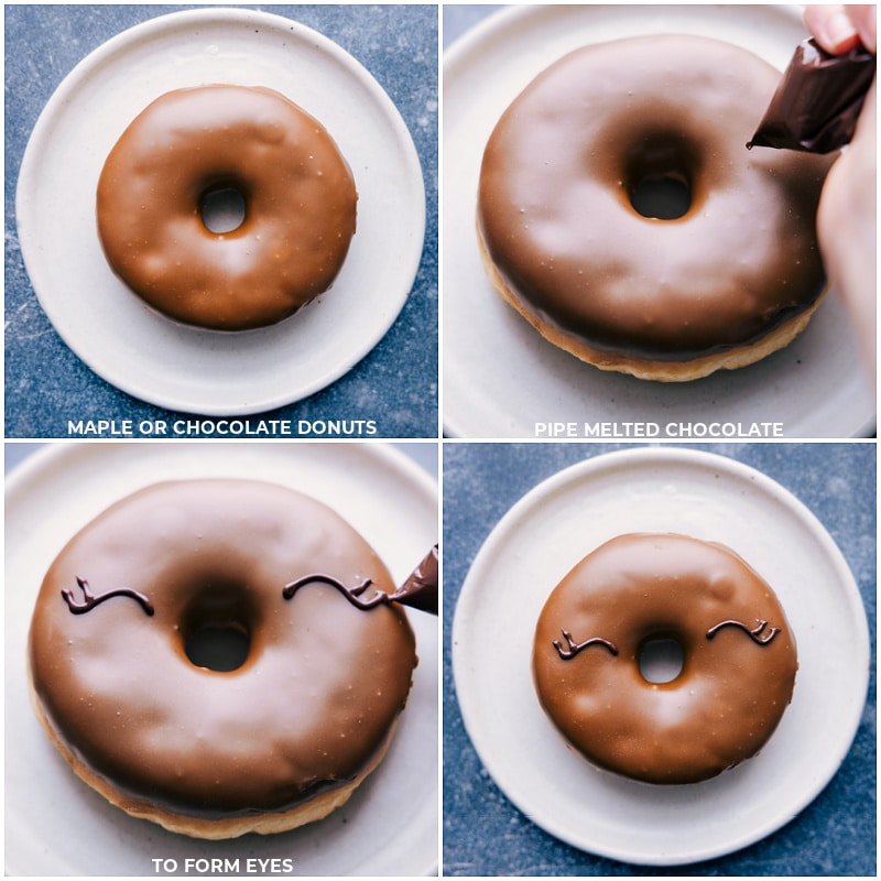 Process shots of christmas donuts-- images of the chocolate eyes being pipped onto each donut