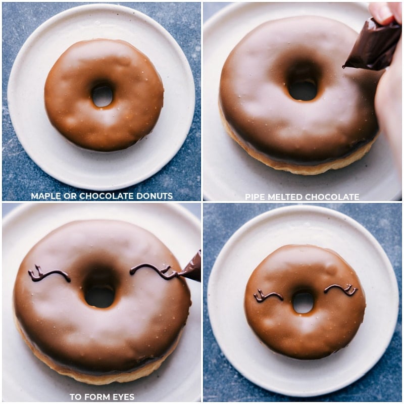 Process shots of Christmas Donuts-- images of the chocolate eyes being pipped onto each donut