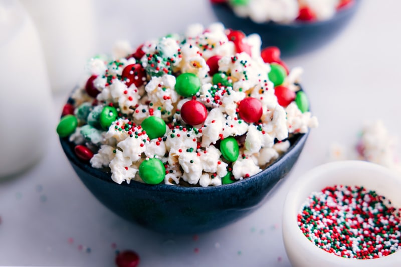 Image of a bowl of Christmas Popcorn ready to be enjoyed