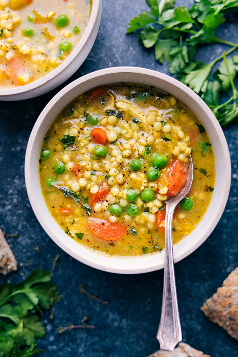 Overhead image of the chicken Couscous Soup