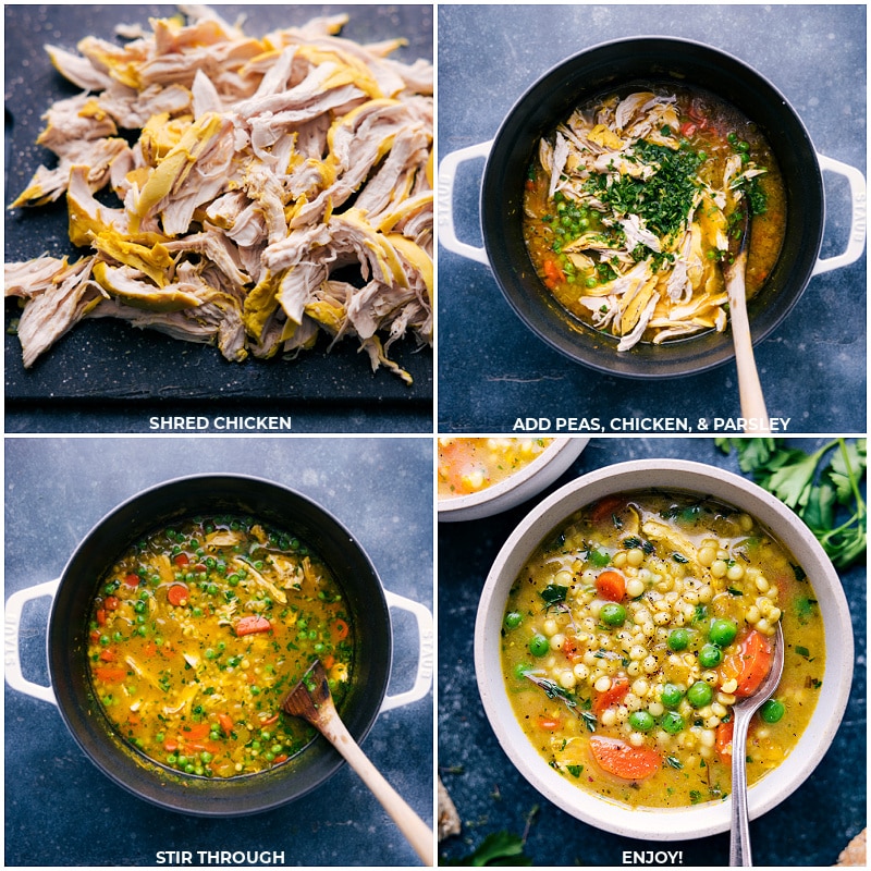 Process shots-- images of the chicken being shredded and added back to the pot along with peas, chicken, and parsley