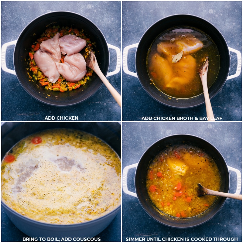 Process shots-- images of the chicken, chicken broth, bay leaf, and couscous being added to the pot