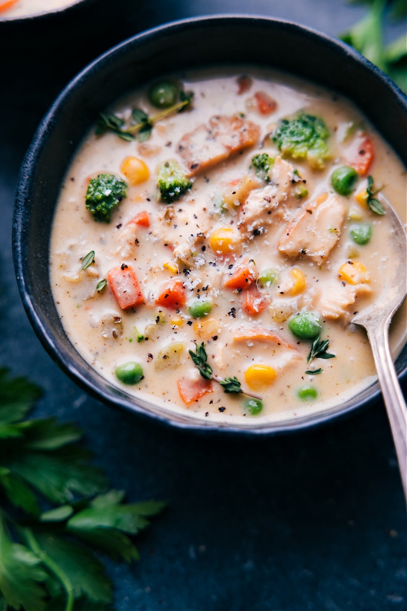 Up-close overhead image of the Creamy Chicken Soup ready to be enjoyed