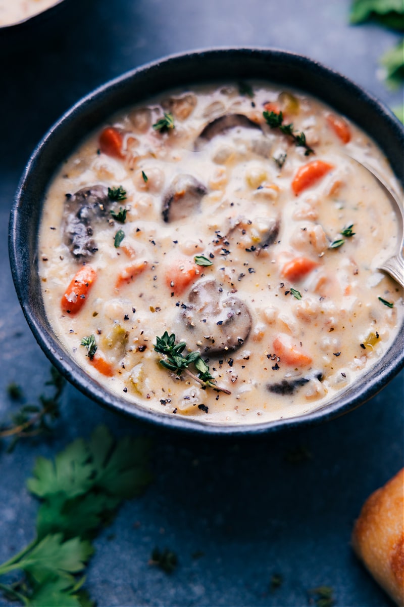 Up-close overhead image of the Creamy Mushroom Soup ready to be enjoyed