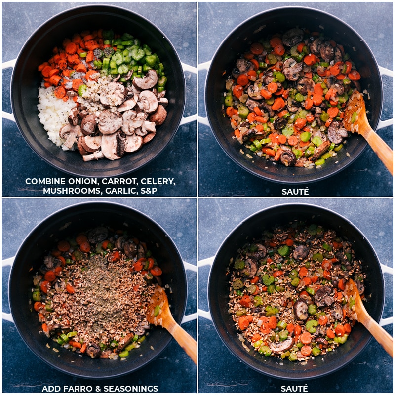 Process shots-- images of the veggies, farro, and seasonings being added to a pot