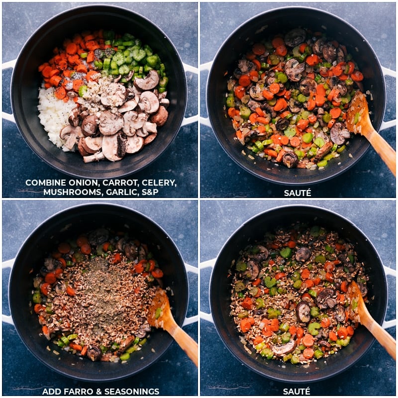 Process shots-- images of the veggies, farro, and seasonings being added to a pot