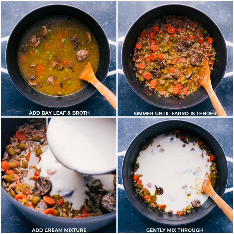 Process shots-- images of the bay leaf, broth, and cream being added to soup