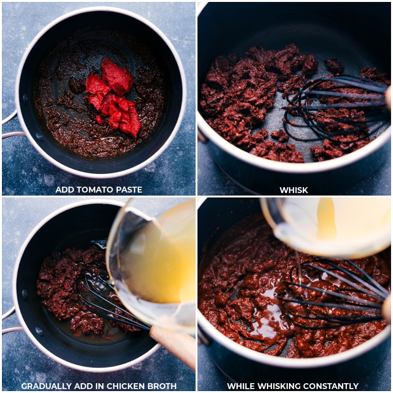 Process shots of enchilada sauce--images of the tomato paste and chicken broth being added