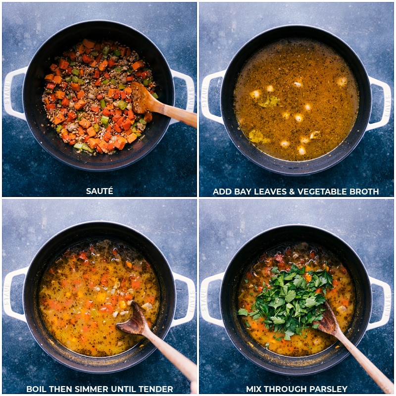 Process shots-- images of the bay leaves, vegetable broth, and parsley being added