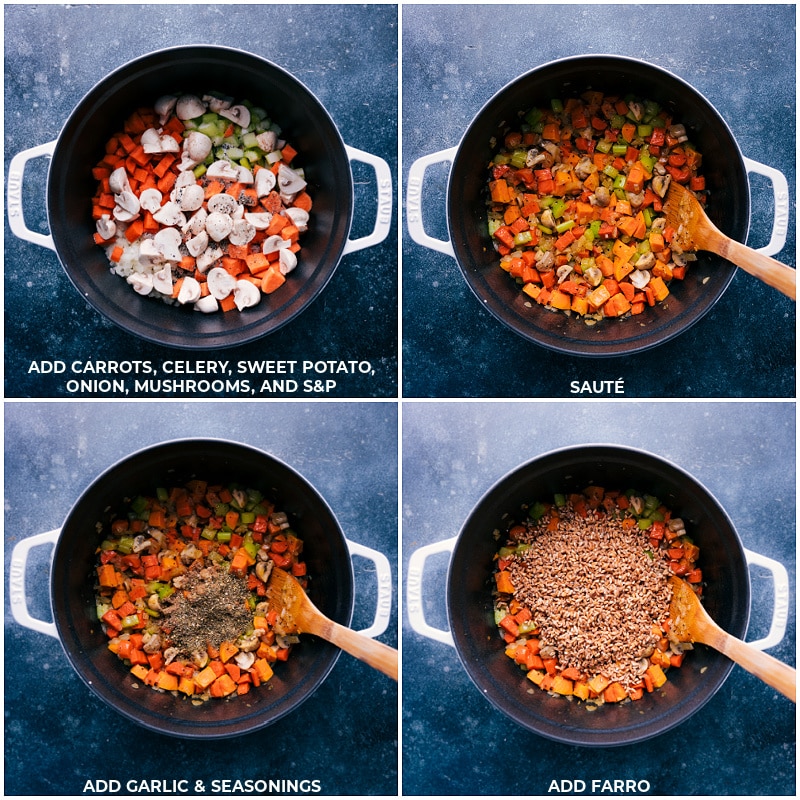 Process shots of Farro Soup-- images of all the veggies going into a pot and then the garlic, seasoning, and farro