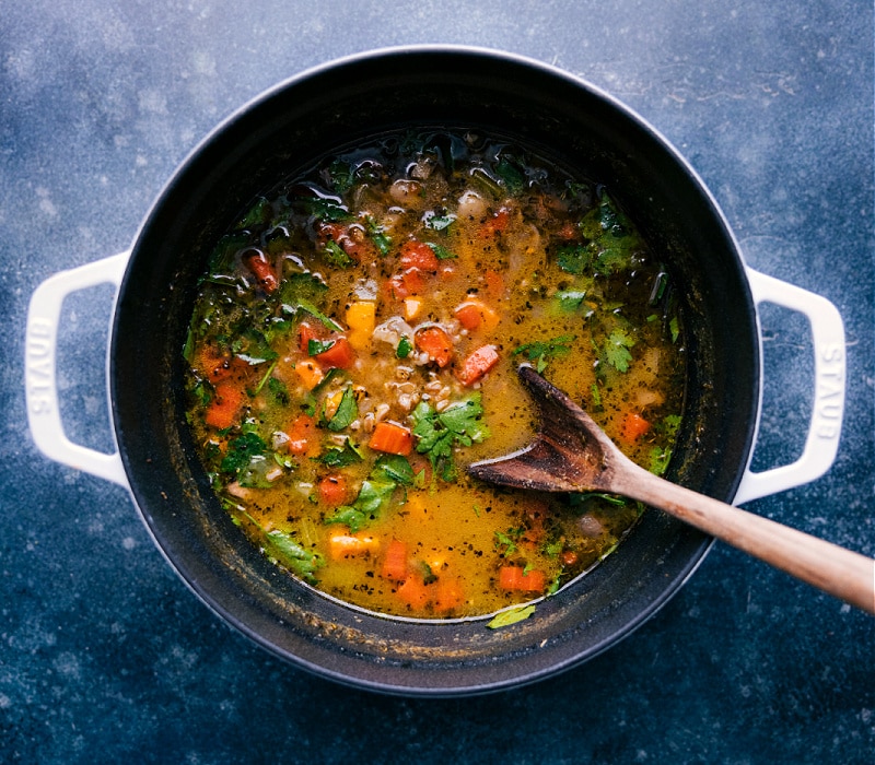 Overhead image of the Farro Soup in the pot