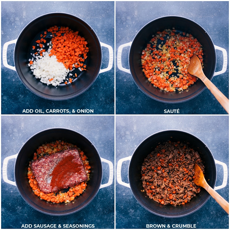 Process shots-- images of the oil, carrots, onion, and sausage being added to a pot