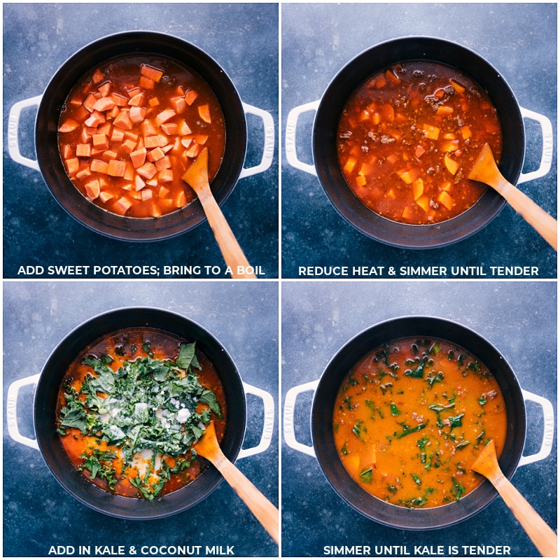 Process shots-- images of the sweet potatoes, kale, and coconut milk being added