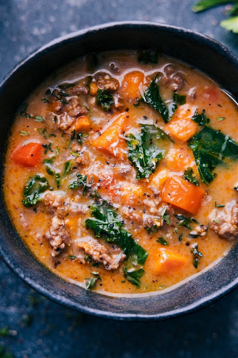 Up-close overhead image of the Healthy Zuppa Toscana Soup, ready to be enjoyed