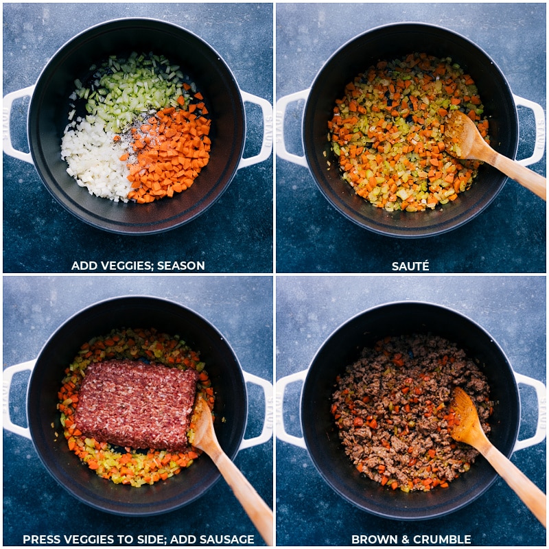 Process shots-- images of the veggies being sautéed and then sausage being added and browned