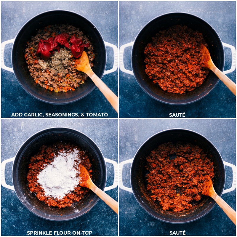 Process shots of lasagna soup-- images of the garlic, seasonings, tomato paste, and flour being cooked into the dish