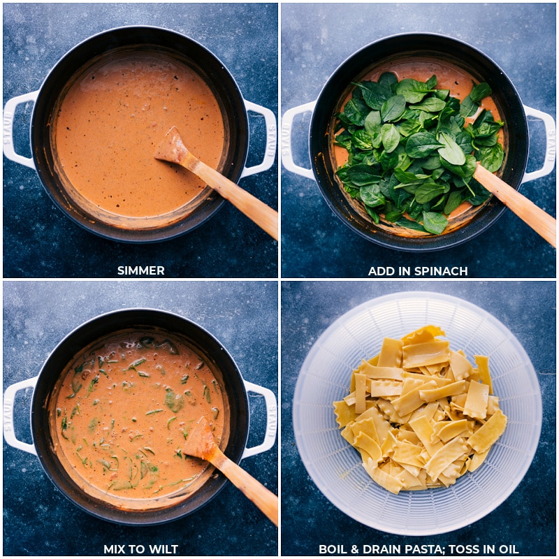 Process shots of lasagna soup-- images of the spinach and pasta being added in
