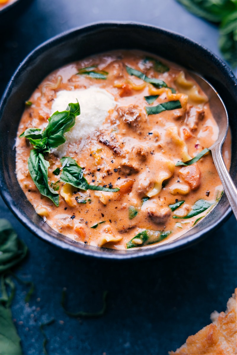 Up close overhead image of the lasagna soup in a bowl ready to be enjoyed