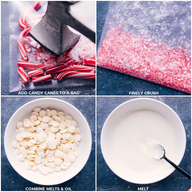 Process shots-- images of the candy canes being crushed and white chocolate being melted