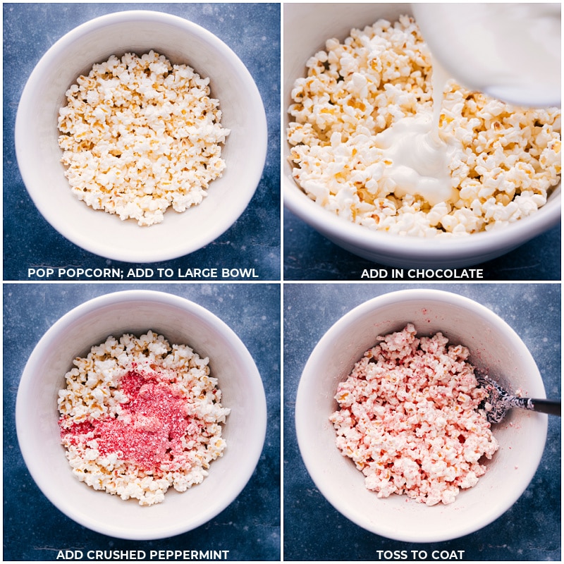 Process shots of Peppermint Popcorn-- images of the white chocolate and crushed peppermint being added to the snack mix