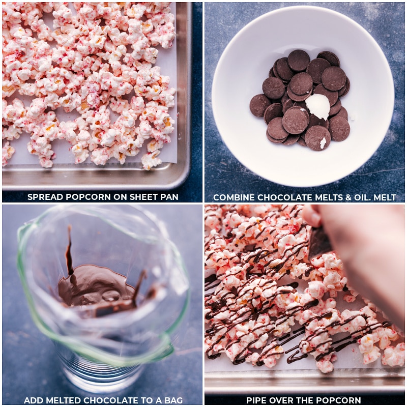 Process shots--images of the popcorn being spread on a tray and then the dark chocolate being melted