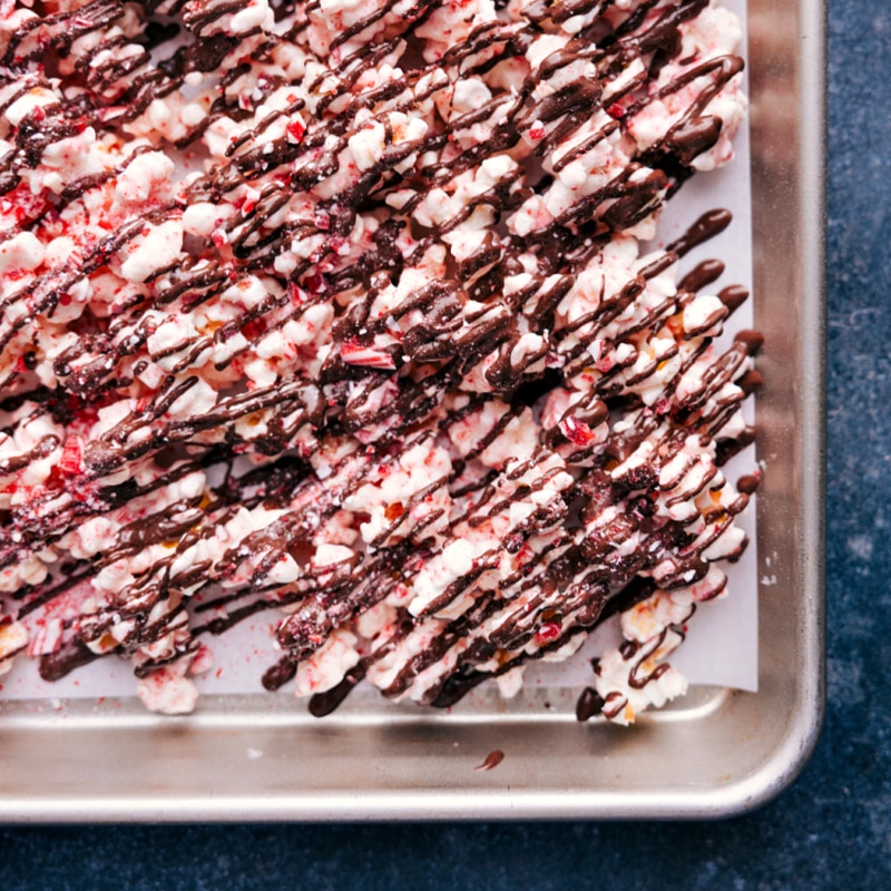 Overhead image of the chocolate peppermint popcorn ready to be enjoyed