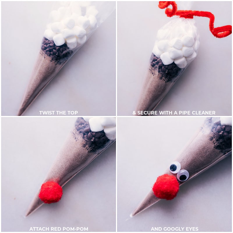 Process shots-- images of the pipe cleaner being added and the red pom pom and google eyes