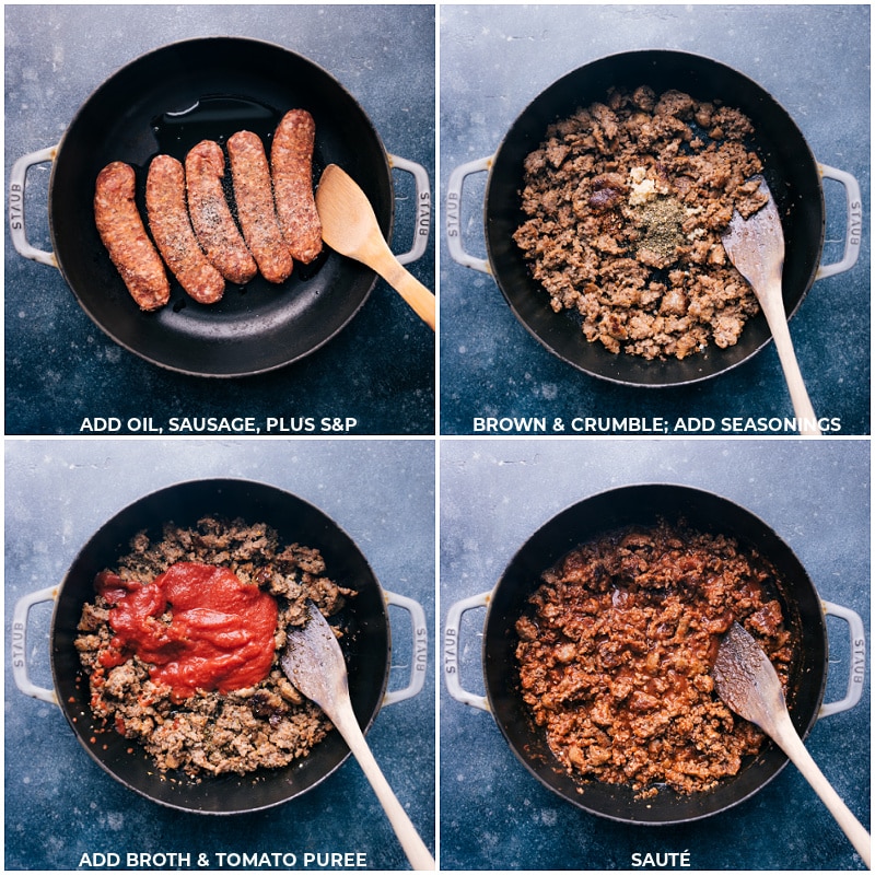 The meat being browned and seasonings, broth, and tomato puree being added.
