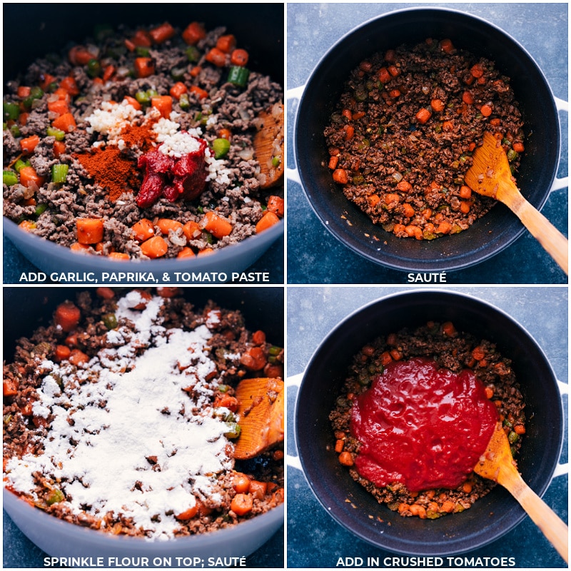 Process shots-- images of the garlic, paprika, tomato paste, flour, and crushed tomatoes being added to a pot