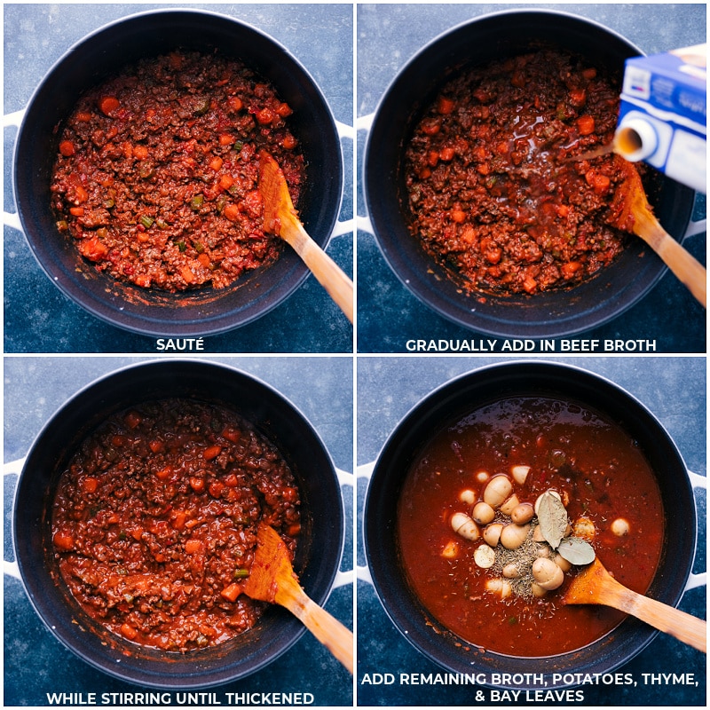 Process shots of Vegetable Beef Soup-- images of the beef broth, potatoes, thyme, and bay leaves being added to a pot