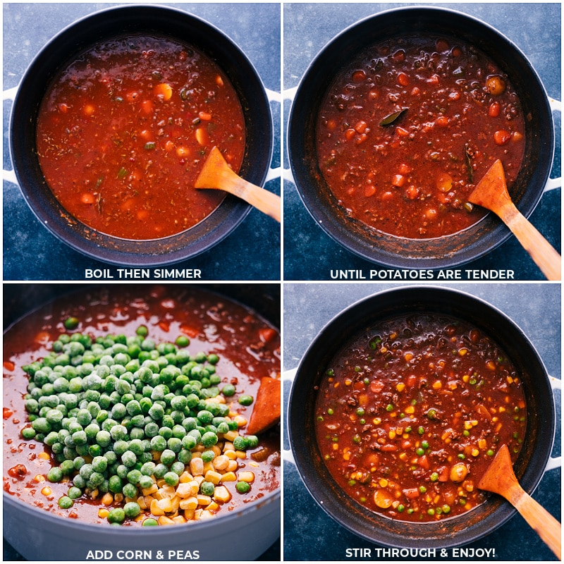Process shots-- images of the dish simmering and then corn and peas being added to the pot