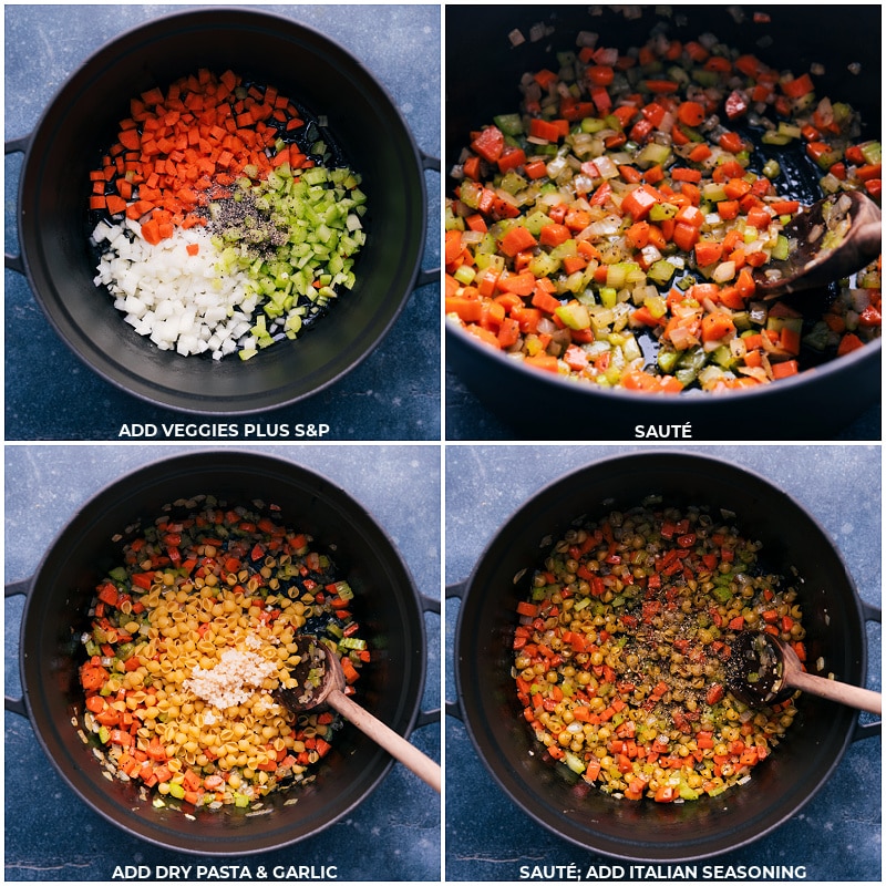 Process shots-- images of the veggies, pasta, garlic, and seasonings being sautéed