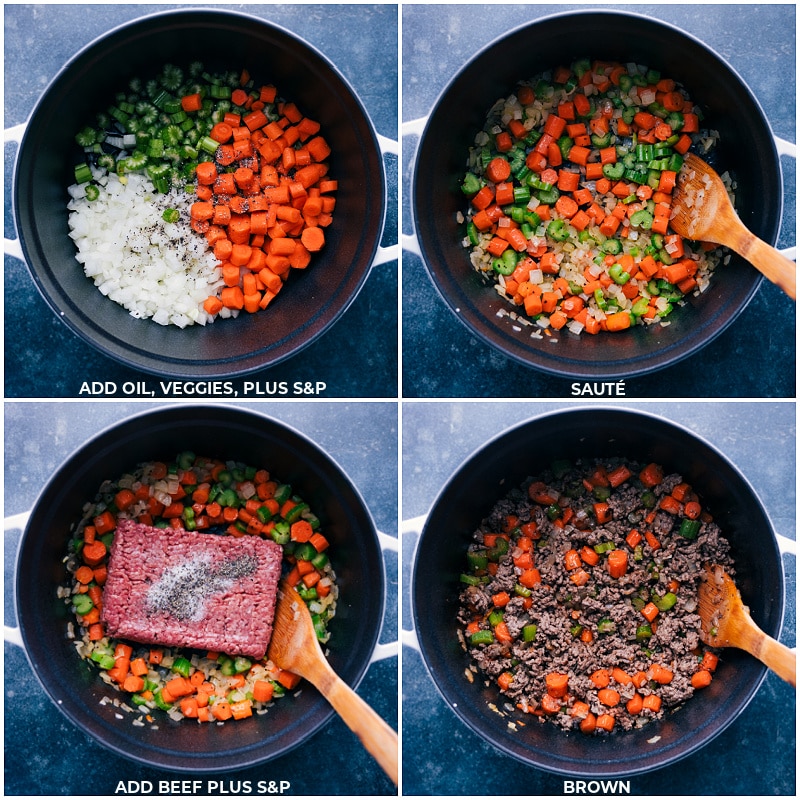 Process shots of Vegetable Beef Soup-- images of the veggies and beef being added to the pot