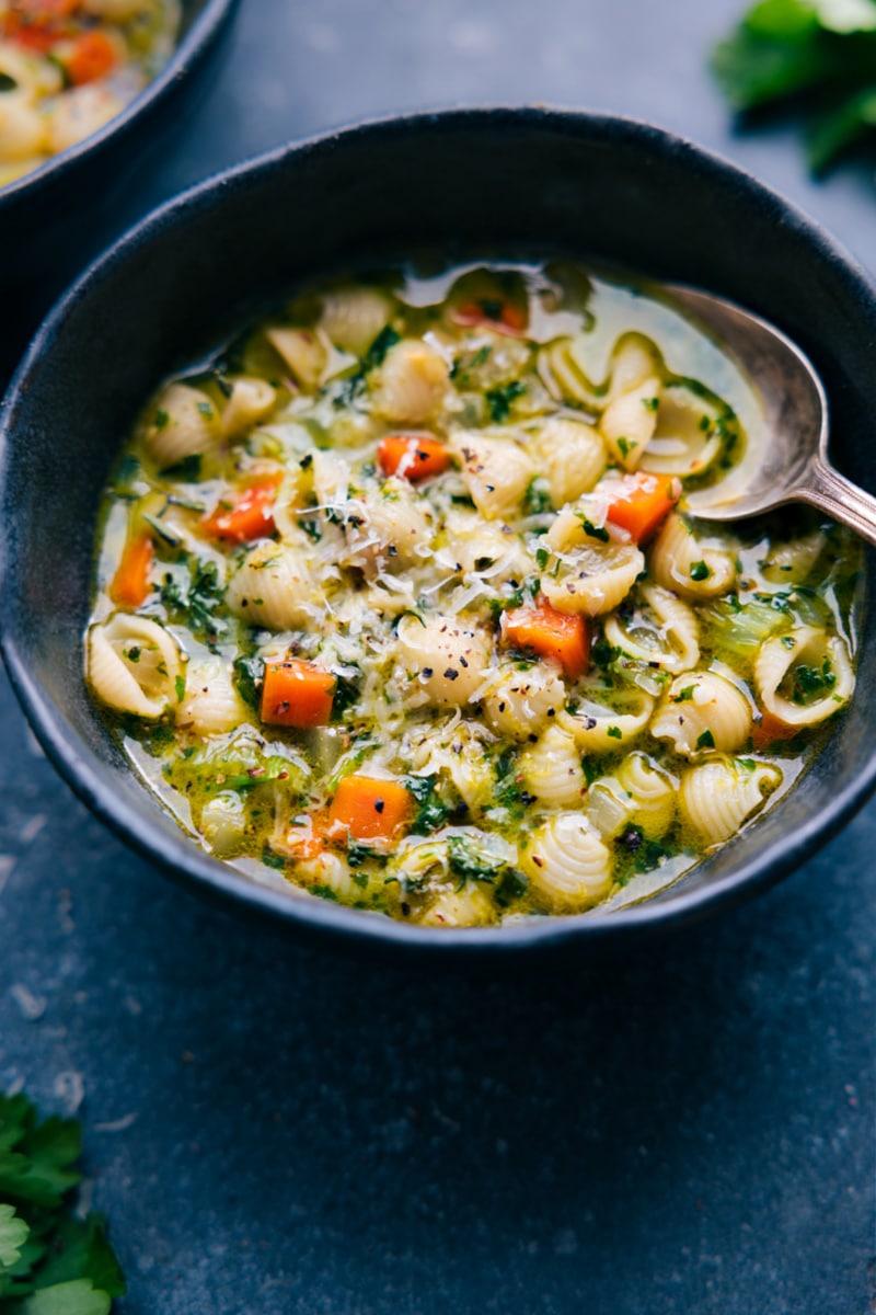 Overhead image of the Vegetable Pasta Soup ready to be enjoyed