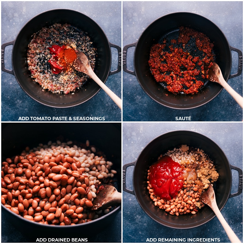 Process shots: add tomato paste and seasonings; saute. Add drained beans and remaining ingredients.