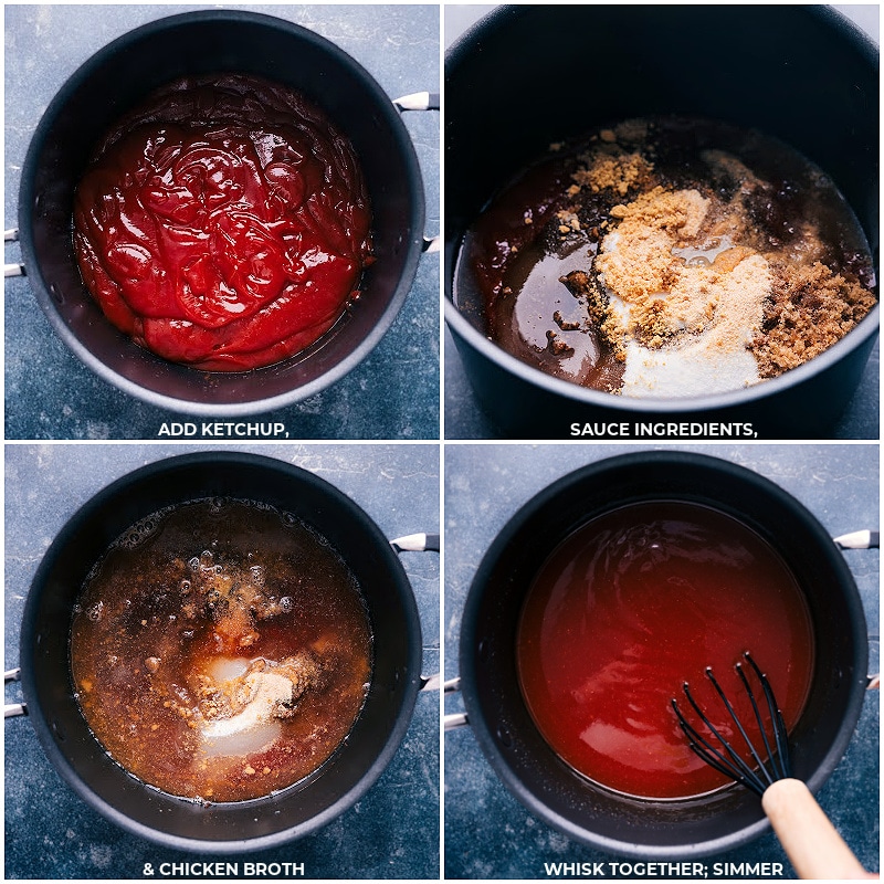 Process shots-- images of the ketchup and remaining sauce ingredients being added to a pot