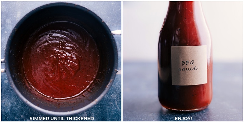 Process shots of BBQ Sauce-- images of the sauce being cooked until thickened and transferred to a container