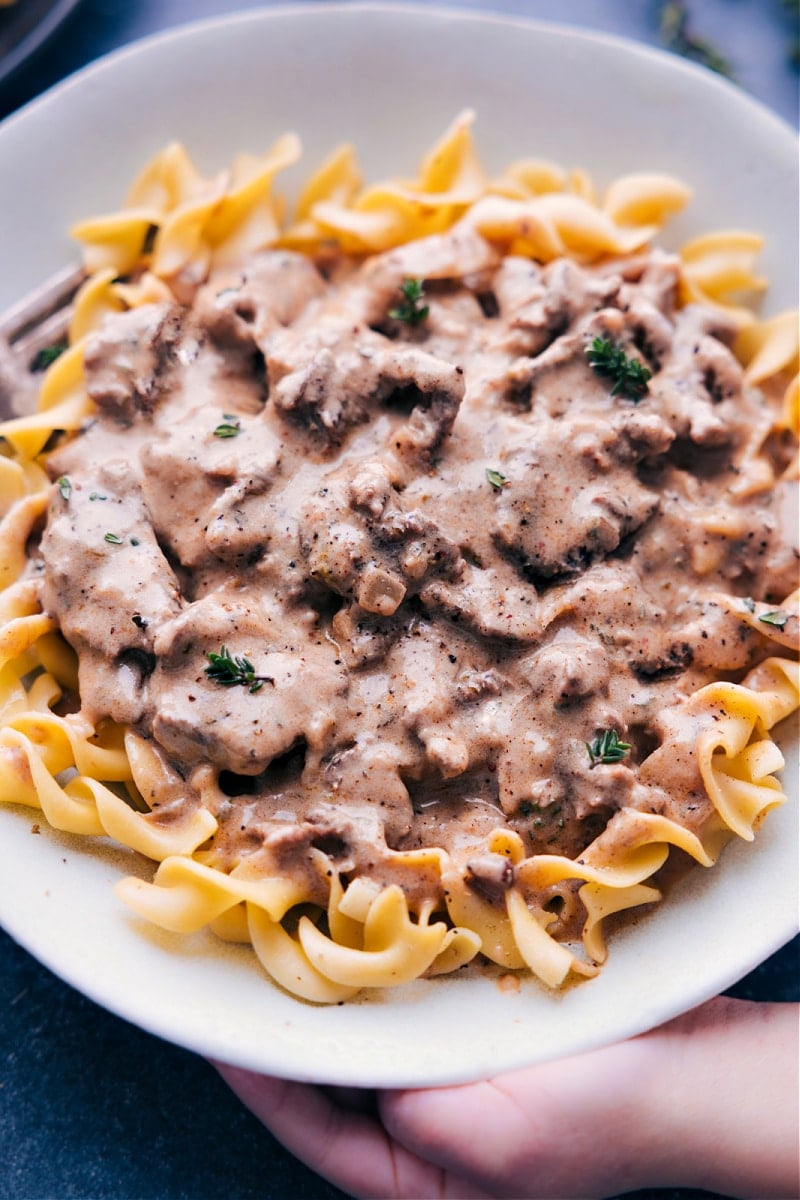 Up close overhead image of the beef stroganoff ready to be enjoyed