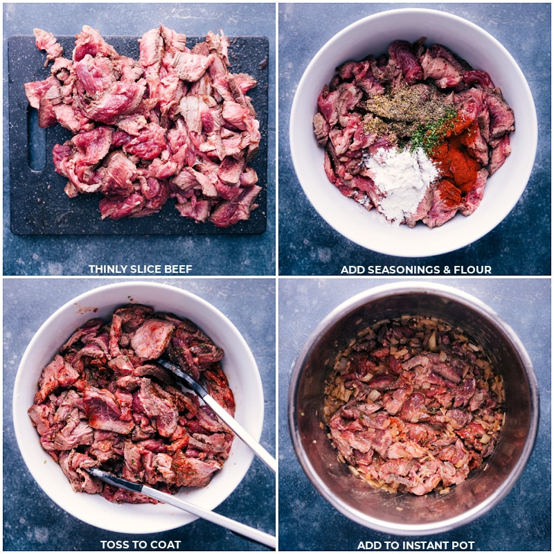 Process shots-- images of the beef being thinly sliced and then being mixed with seasonings and flour and it all being added to an instant pot
