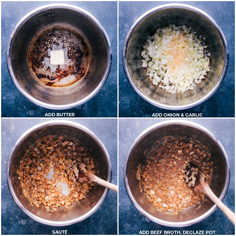 Process shots of beef stroganoff-- images of the butter, onion, garlic, and beef broth being added to the instant pot