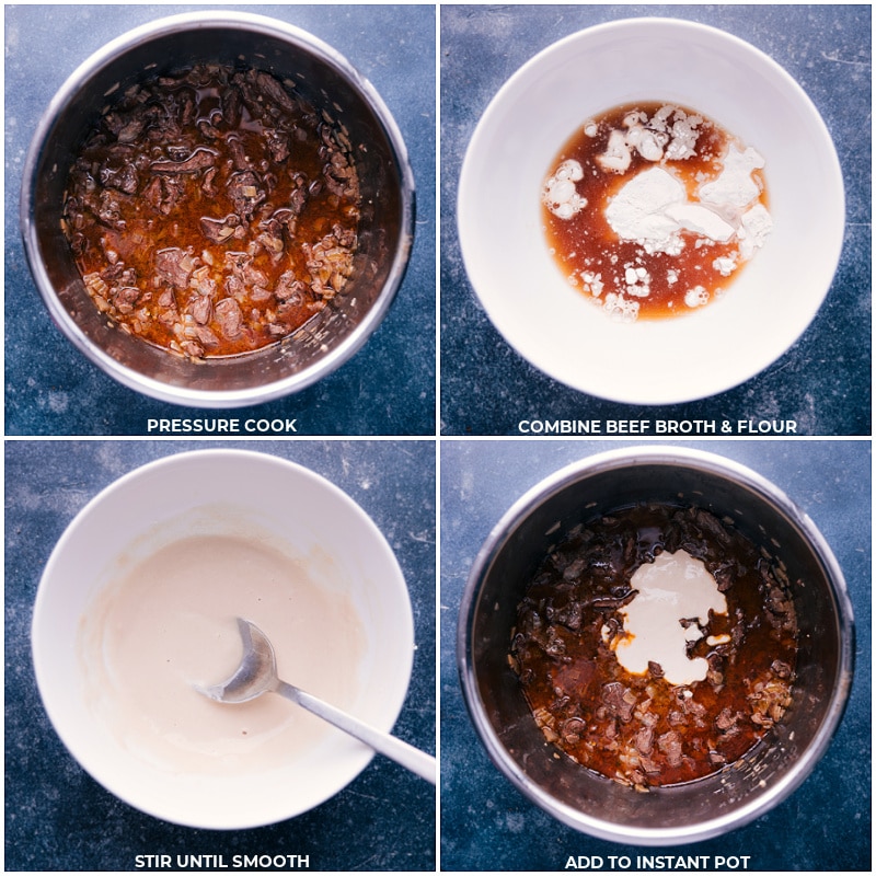 Process shots of beef stroganoff-- images of the meat being pressure cooked and then beef broth and flour being mixed together and it all being mixed together