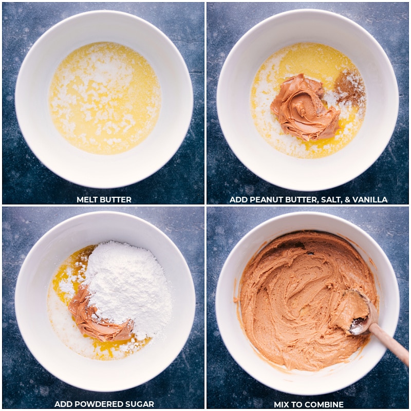Process shots-- images of the butter, peanut butter, salt, vanilla, and powdered sugar all being mixed together in a bowl