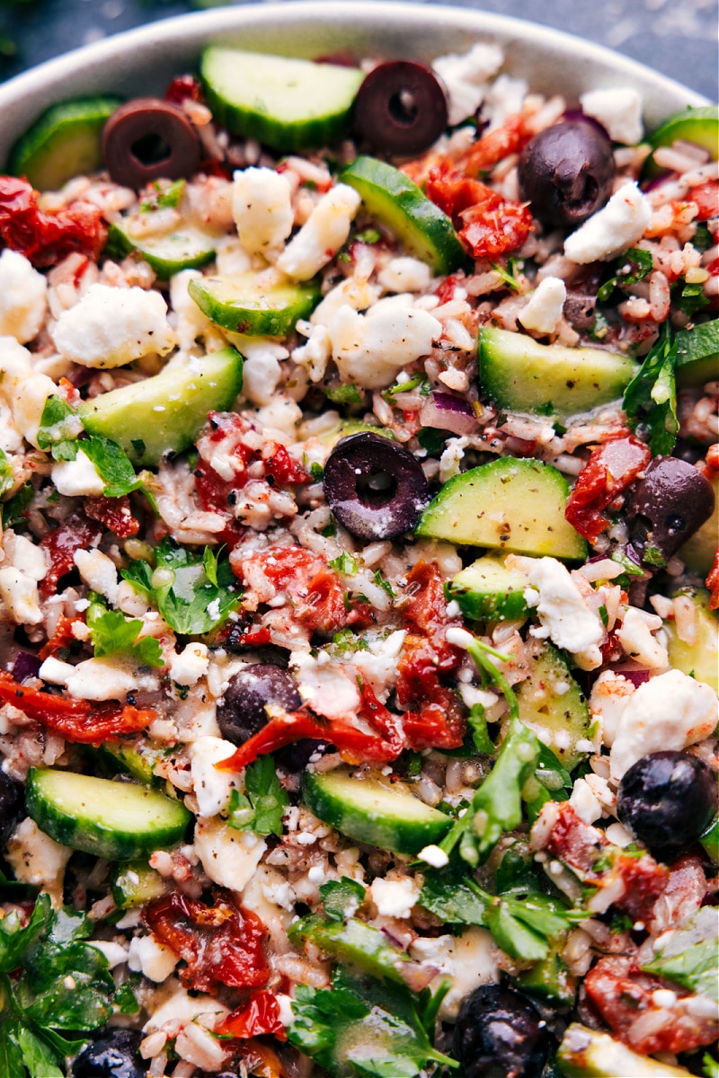 Up close overhead image of the brown rice salad ready to be enjoyed