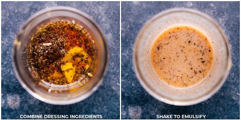 Process shots of Brown Rice Aalad-- images of the dressing being mixed together