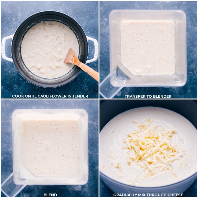 Process shots: Cook soup until cauliflower is tender; transfer to a blender and proces suntil smooth. Gradually mix through cheese.