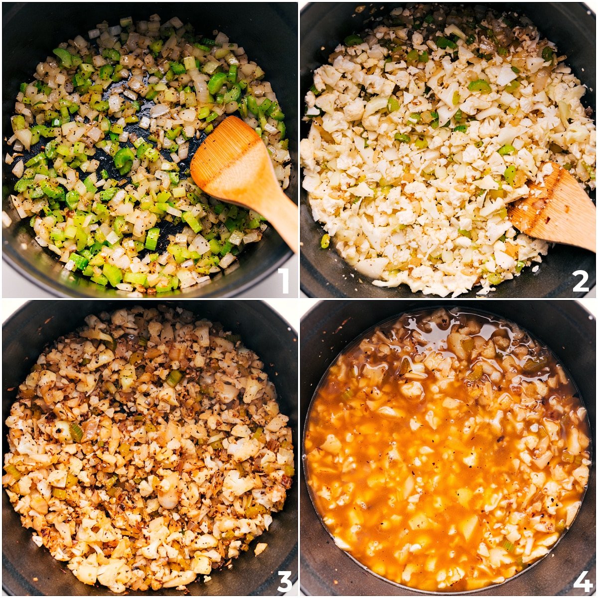How To Make This Cauliflower Soup Recipe Vegetables sautéing in a pot before adding broth for this cauliflower soup recipe.