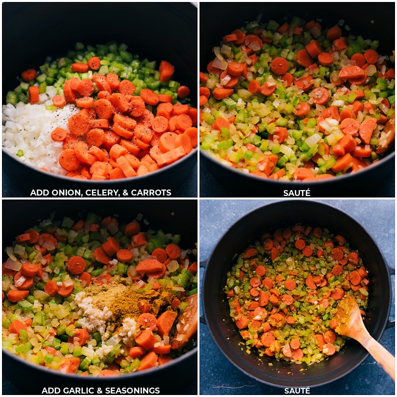 Process shots-- images of the onions, seasonings, and garlic being sautéed together